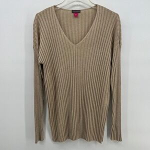 Vince Camuto Metallic Ribbed V Neck‎ Long Sleeve Sweater Top Gold Size Medium